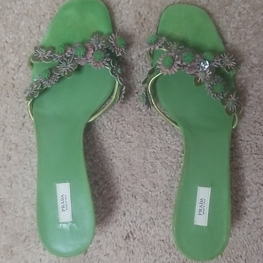 Prada Green Sandals with Metallic Chain Embellishment